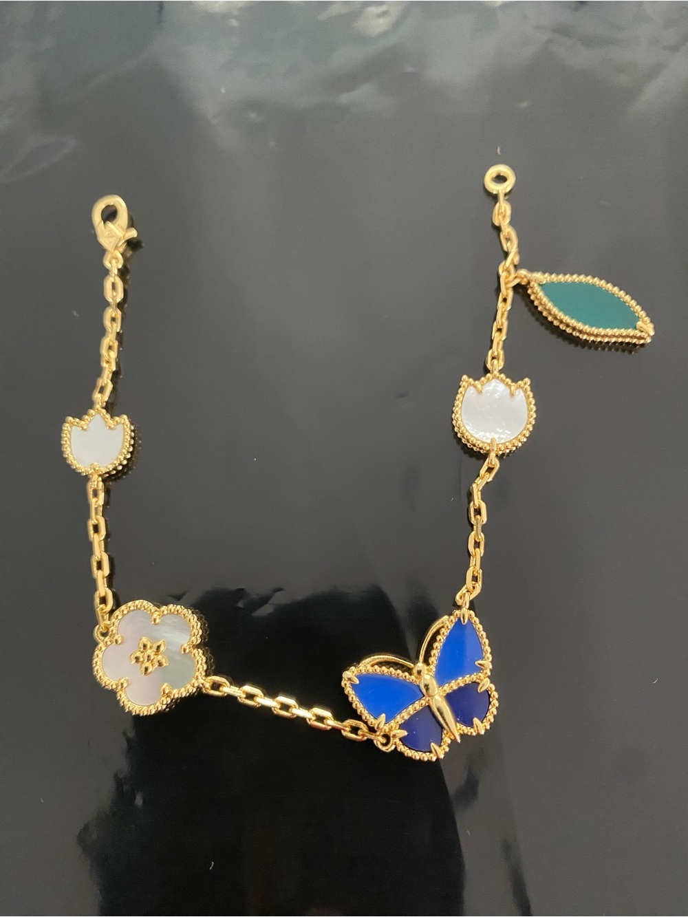 Gold-Tone Blue & White Enamel Butterfly Charm Bracelet